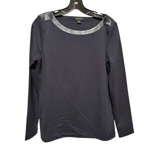 Ann Taylor Navy Blue Black pLeather Trim Long Sleeve Stretch Top Sz M